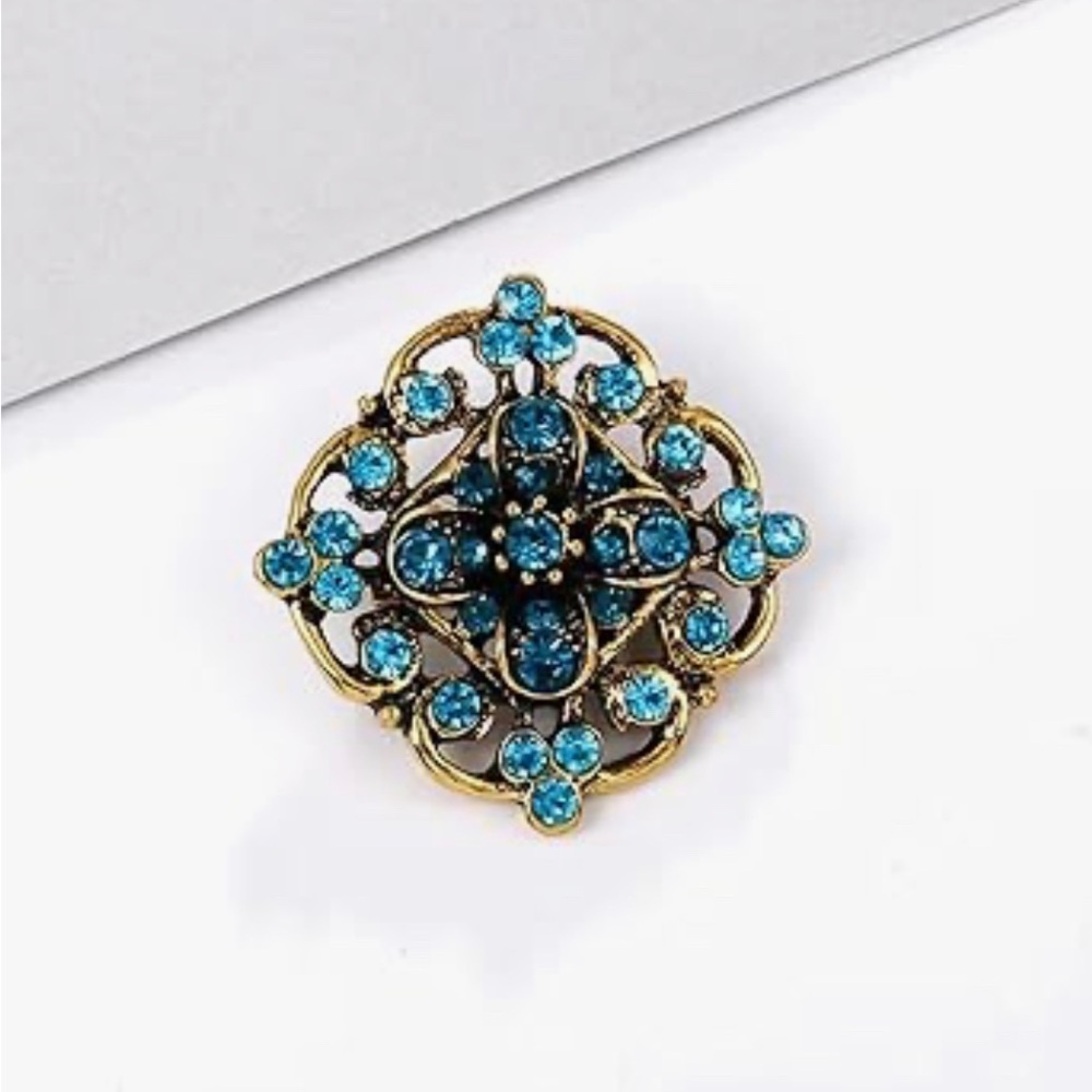 Austrian Crystal Rhinestone Fashion Brooch Pin, Blue, Aqua, Gold (DIAMOND) - Picture 13 of 15